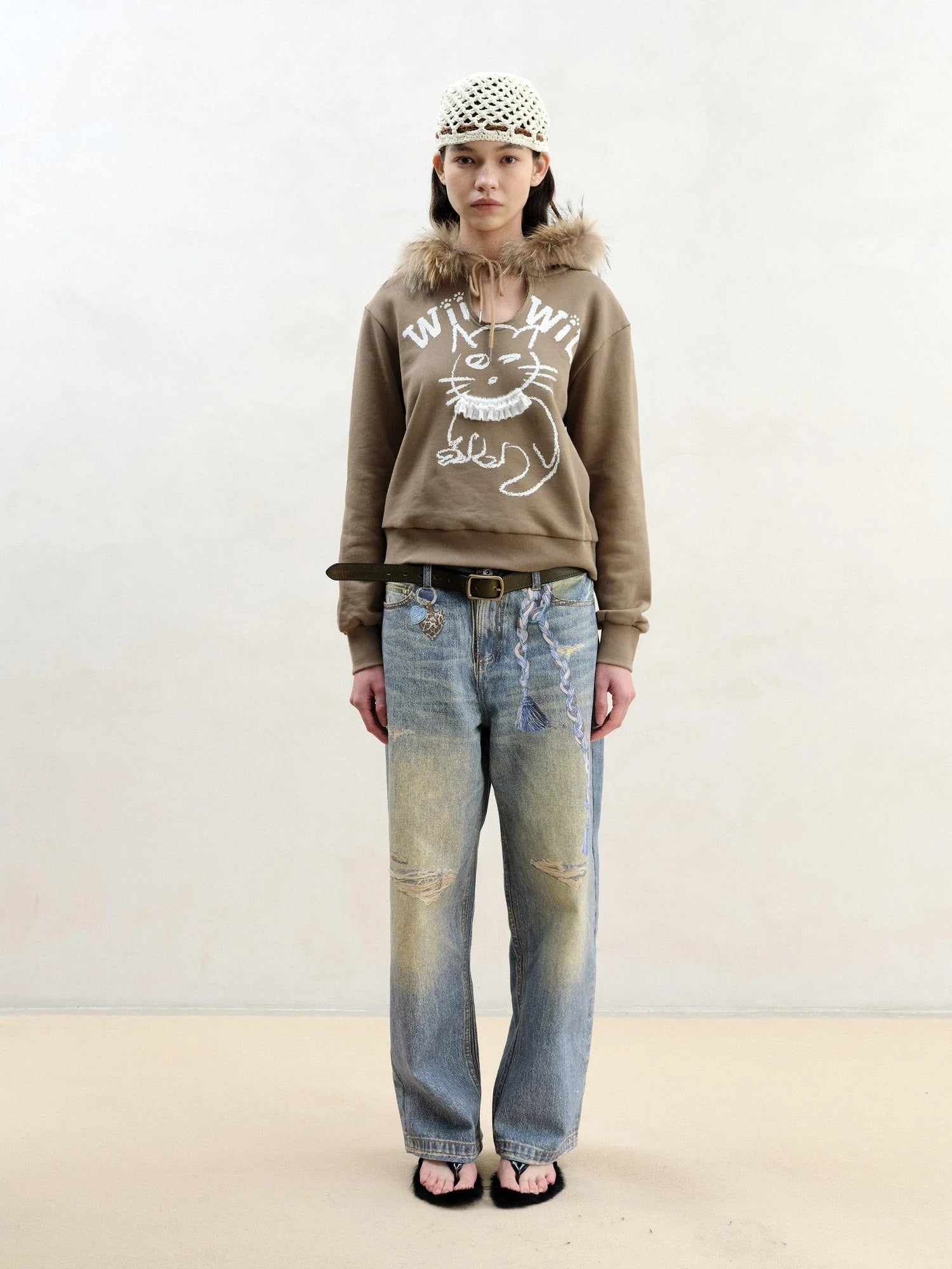 Cat Print Hoodie With Detachable Raccoon Fur Trim