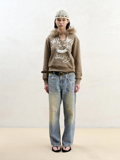 Cat Print Hoodie With Detachable Raccoon Fur Trim