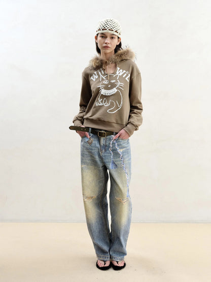 Cat Print Hoodie With Detachable Raccoon Fur Trim