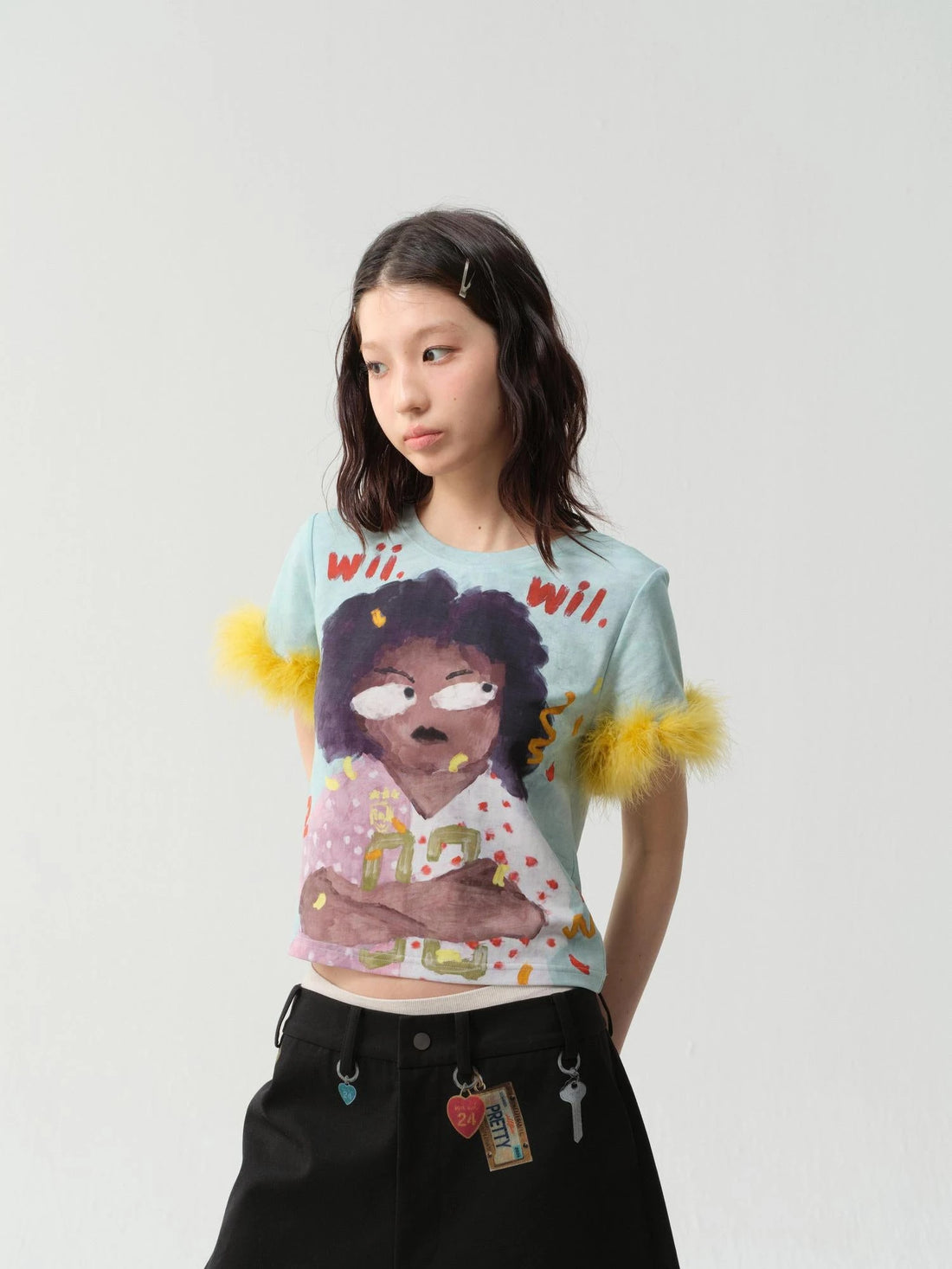 Detachable Feather Sleeve Crop Tee Blue Art Print