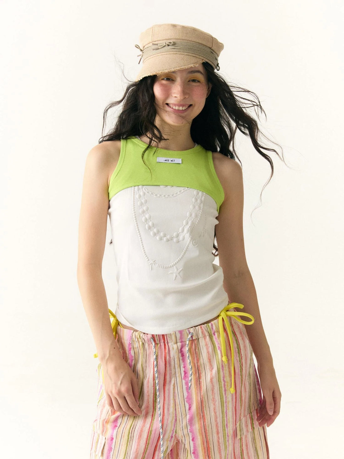 Embossed Pearl Necklace Crop Tank Camisole