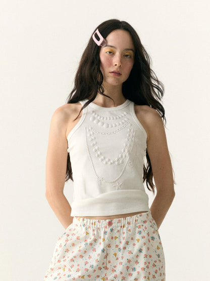 Embossed Pearl Necklace Crop Tank Camisole