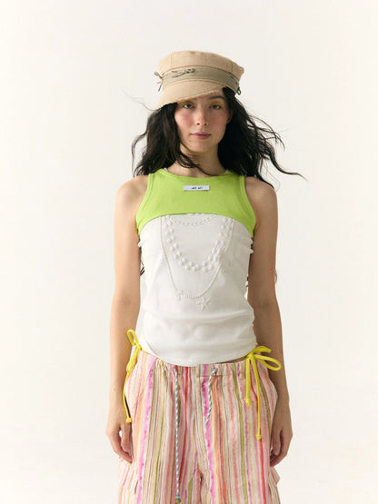 Embossed Pearl Necklace Crop Tank Camisole