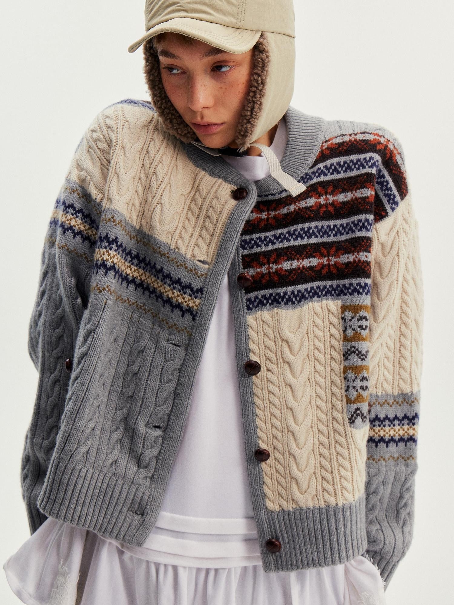wii wil Fair Isle Cable Knit Patchwork Women&