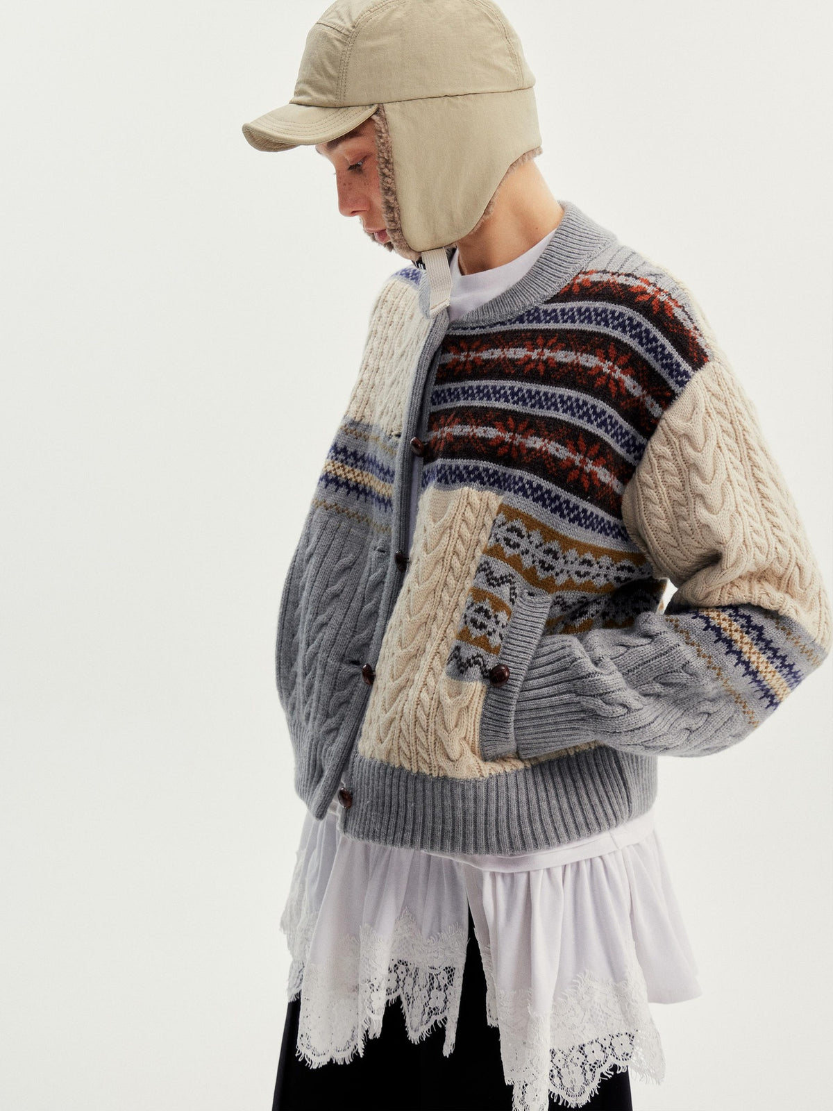 wii wil Fair Isle Cable Knit Patchwork Women&