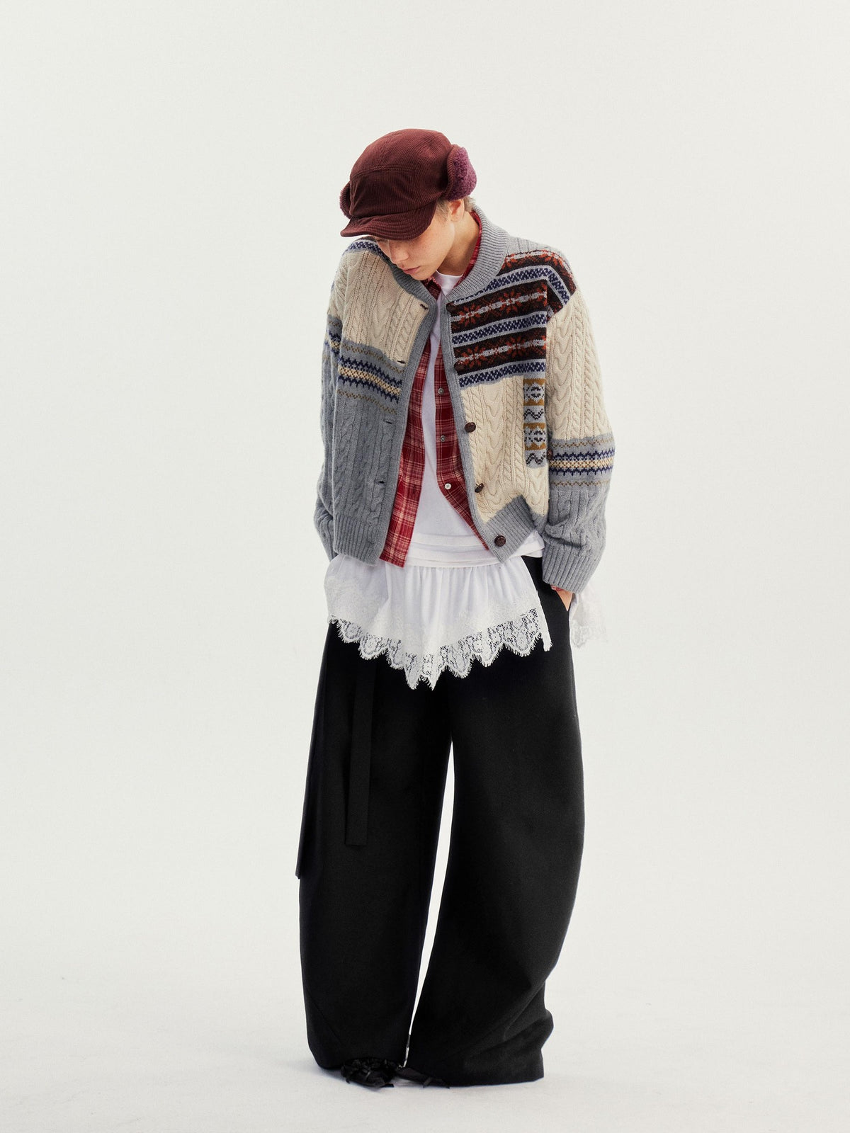 wii wil Fair Isle Cable Knit Patchwork Women&