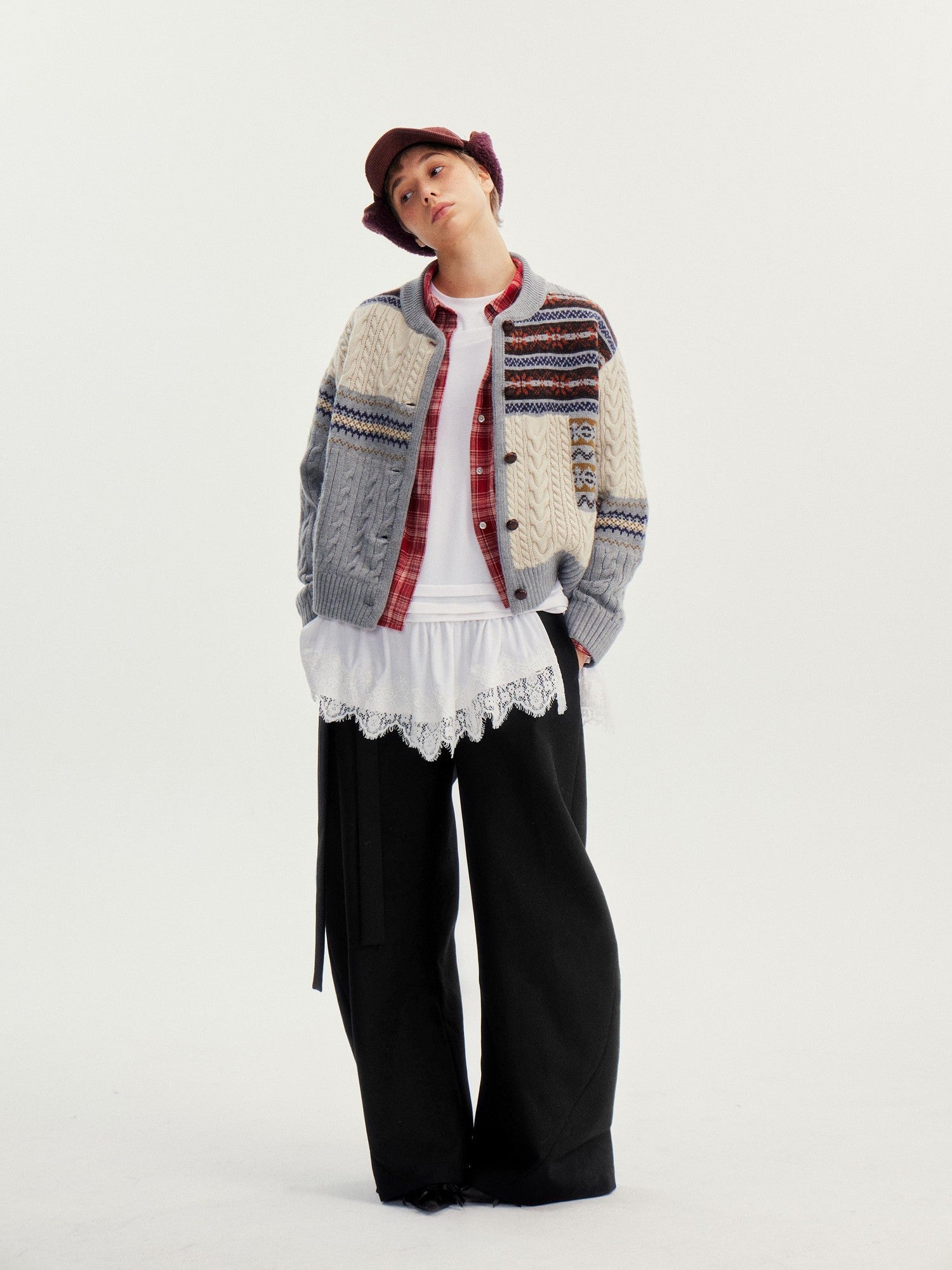 wii wil Fair Isle Cable Knit Patchwork Women&
