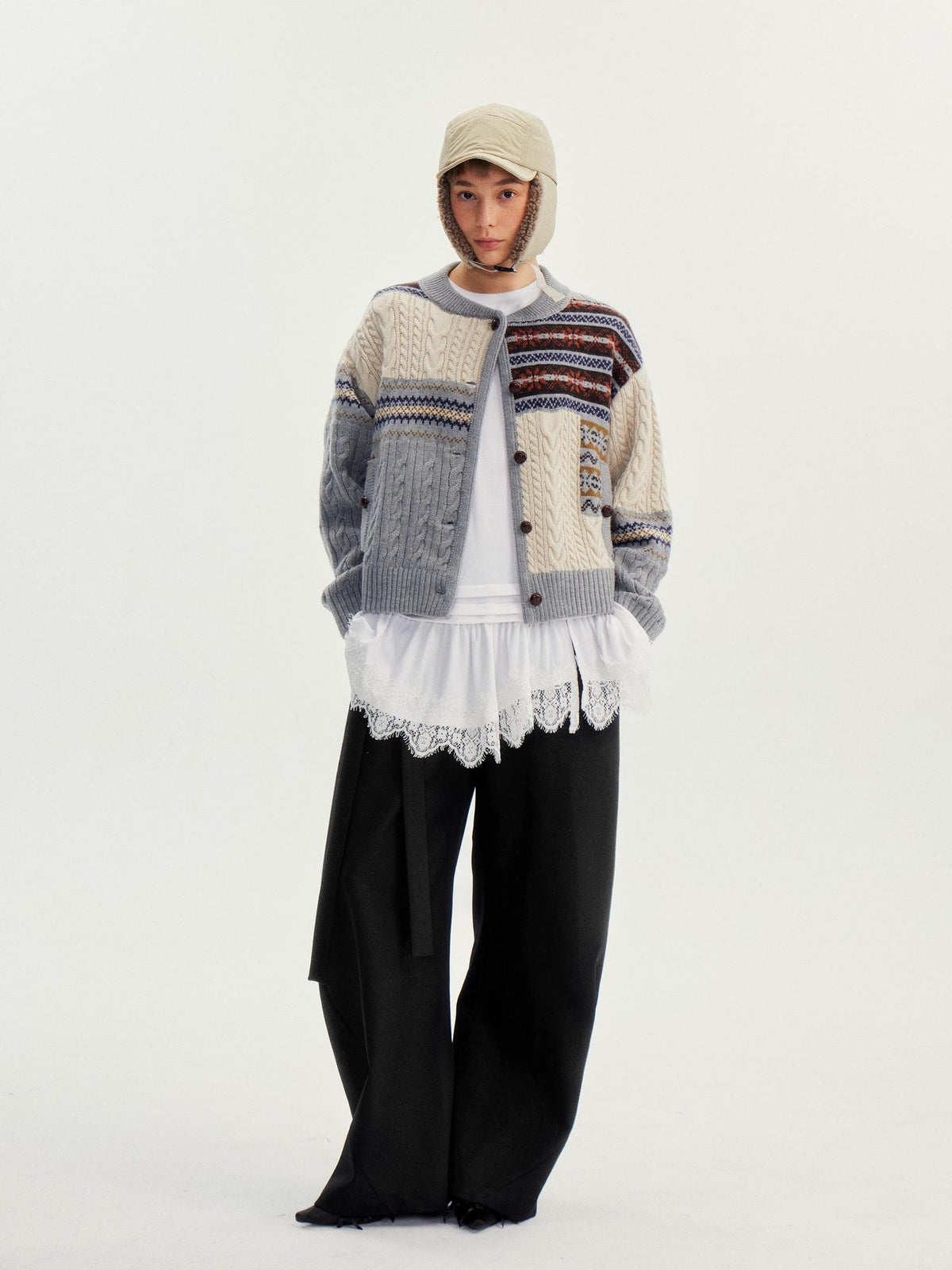 wii wil Fair Isle Cable Knit Patchwork Women&