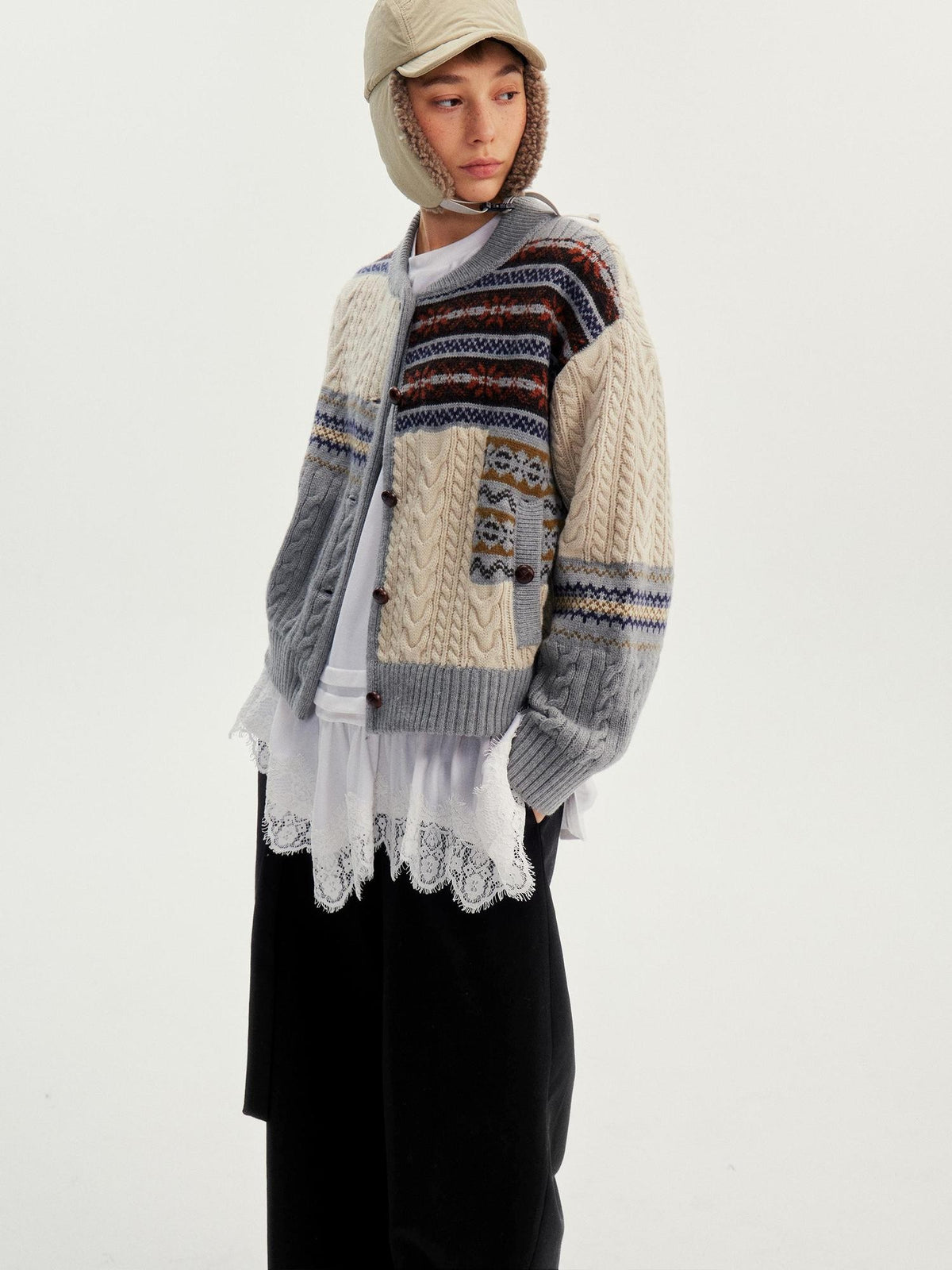 wii wil Fair Isle Cable Knit Patchwork Women&