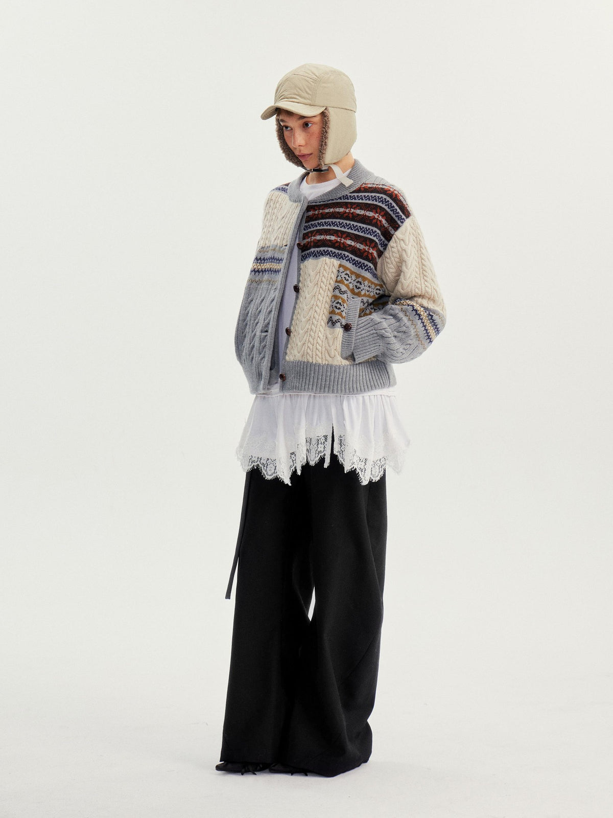 wii wil Fair Isle Cable Knit Patchwork Women&