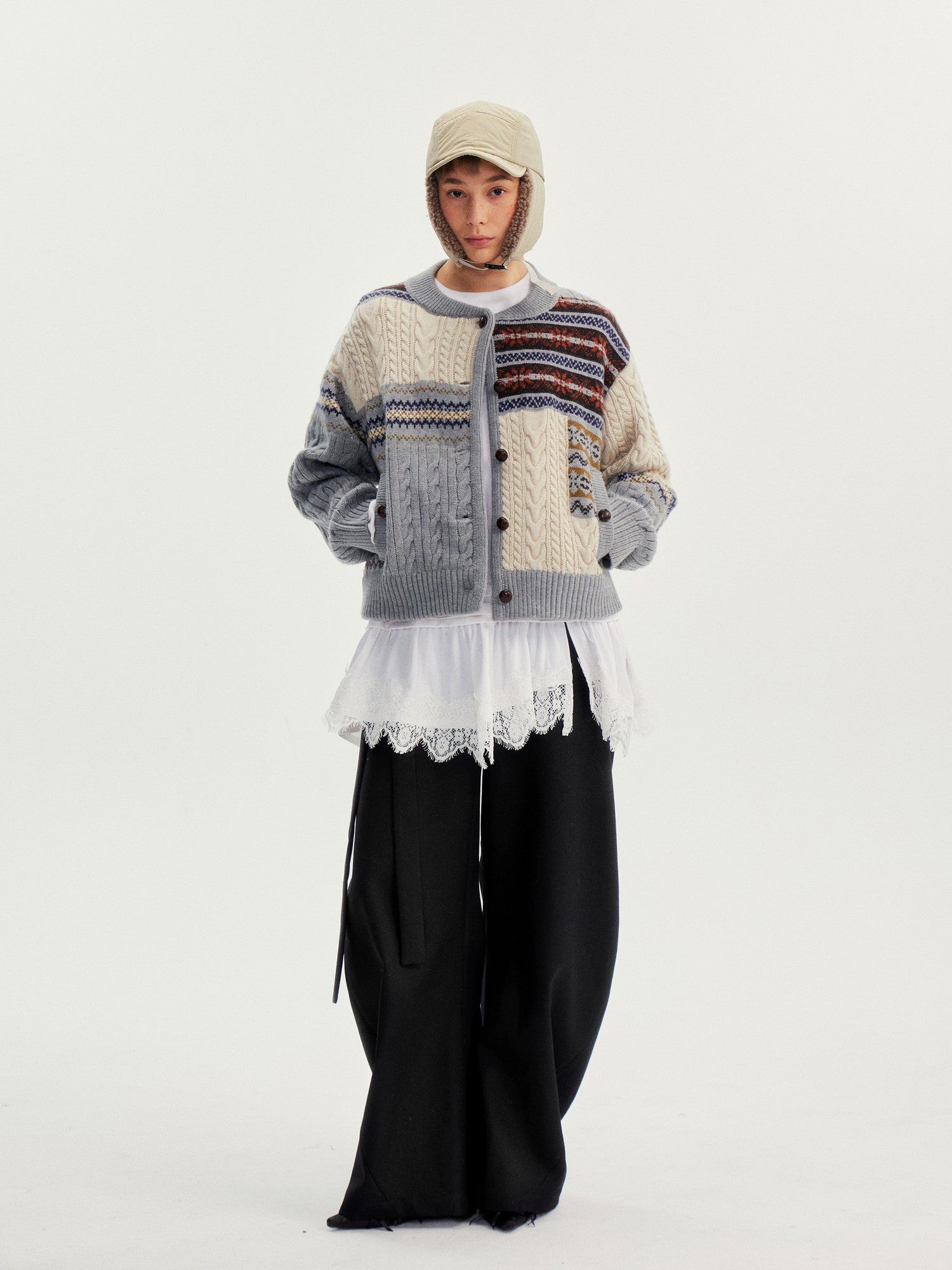 wii wil Fair Isle Cable Knit Patchwork Women&
