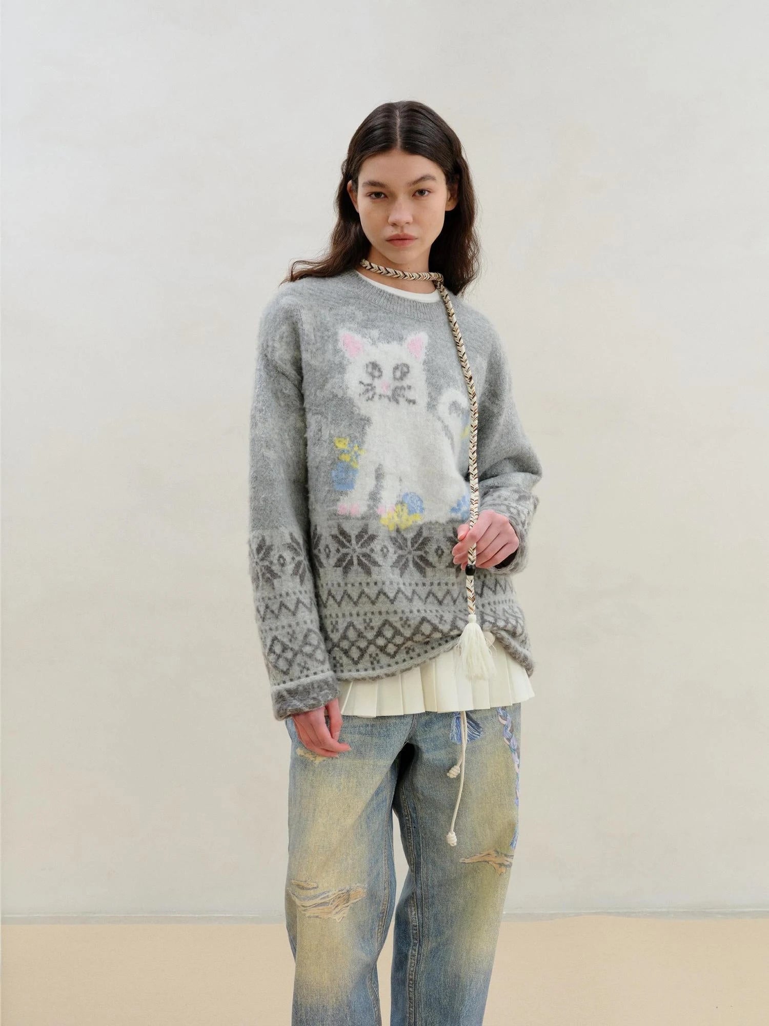 Fair Isle Cat Intarsia Mohair Wool Sweater