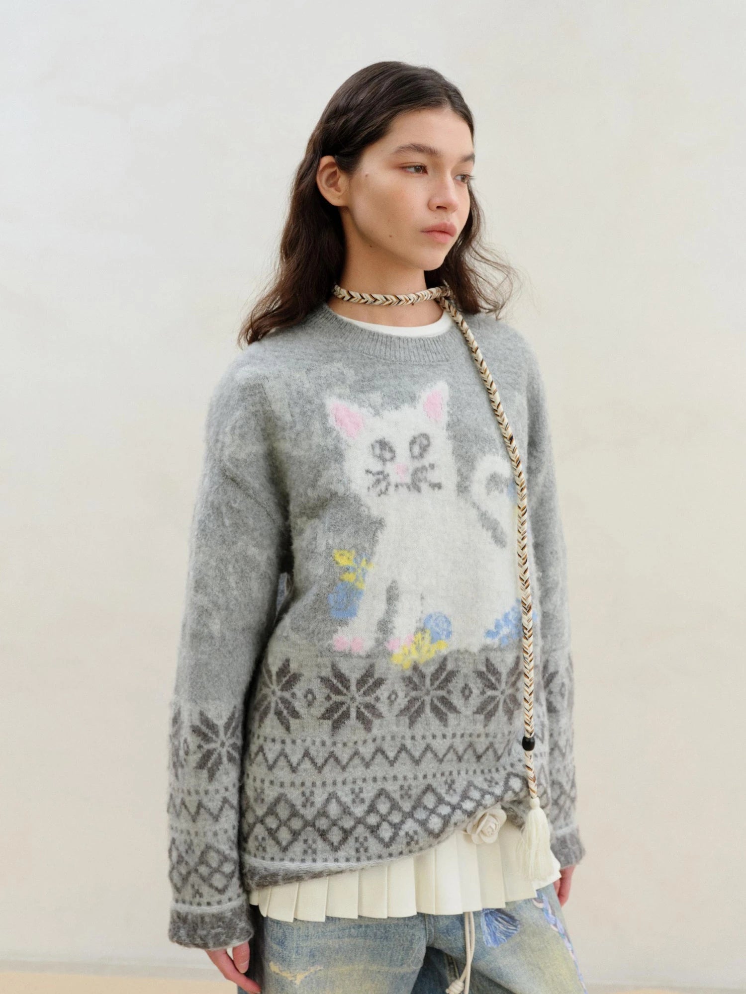 Fair Isle Cat Intarsia Mohair Wool Sweater