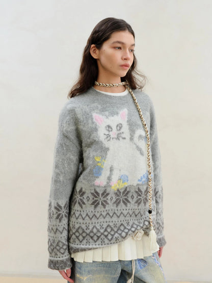 Fair Isle Cat Intarsia Mohair Wool Sweater