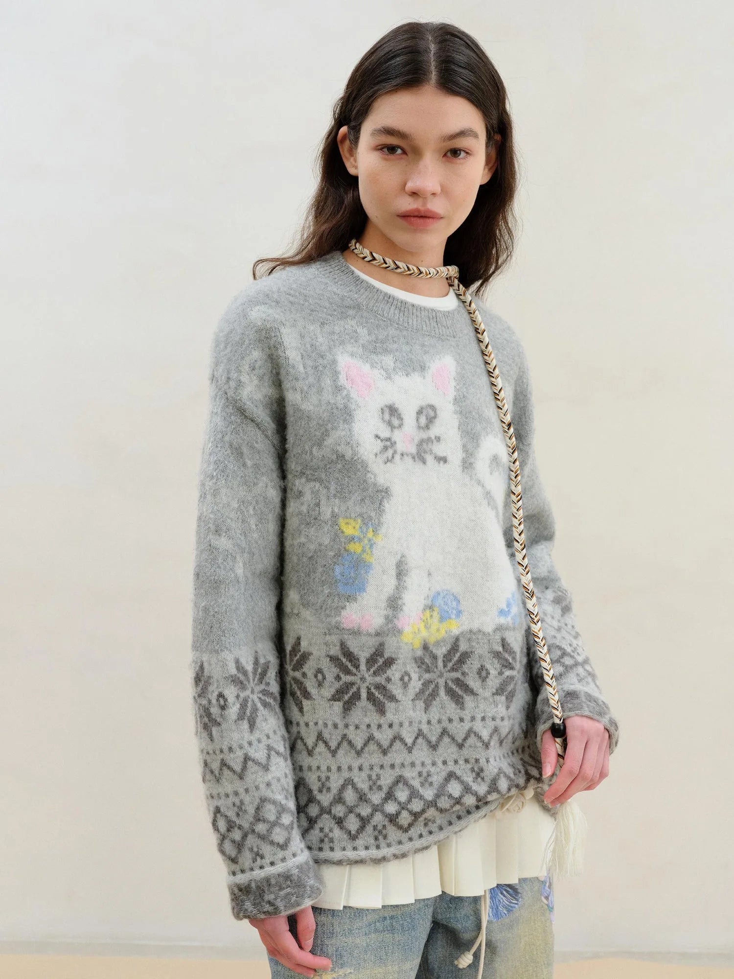 Fair Isle Cat Intarsia Mohair Wool Sweater