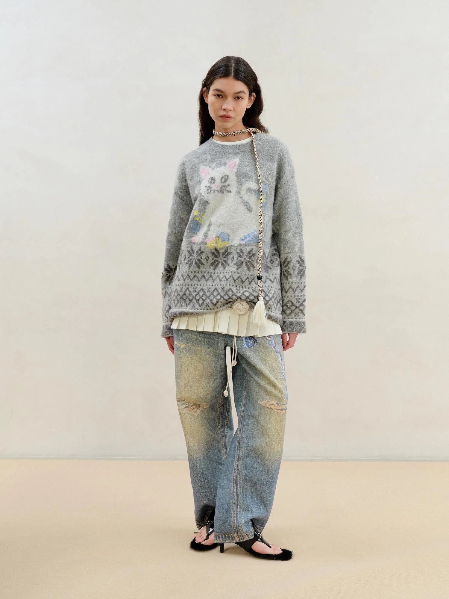 Fair Isle Cat Intarsia Mohair Wool Sweater