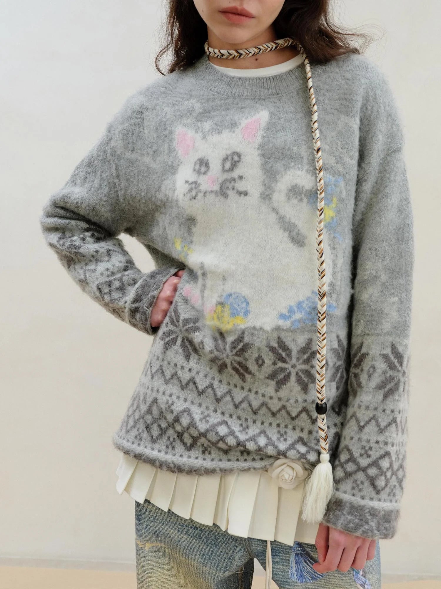 Fair Isle Cat Intarsia Mohair Wool Sweater