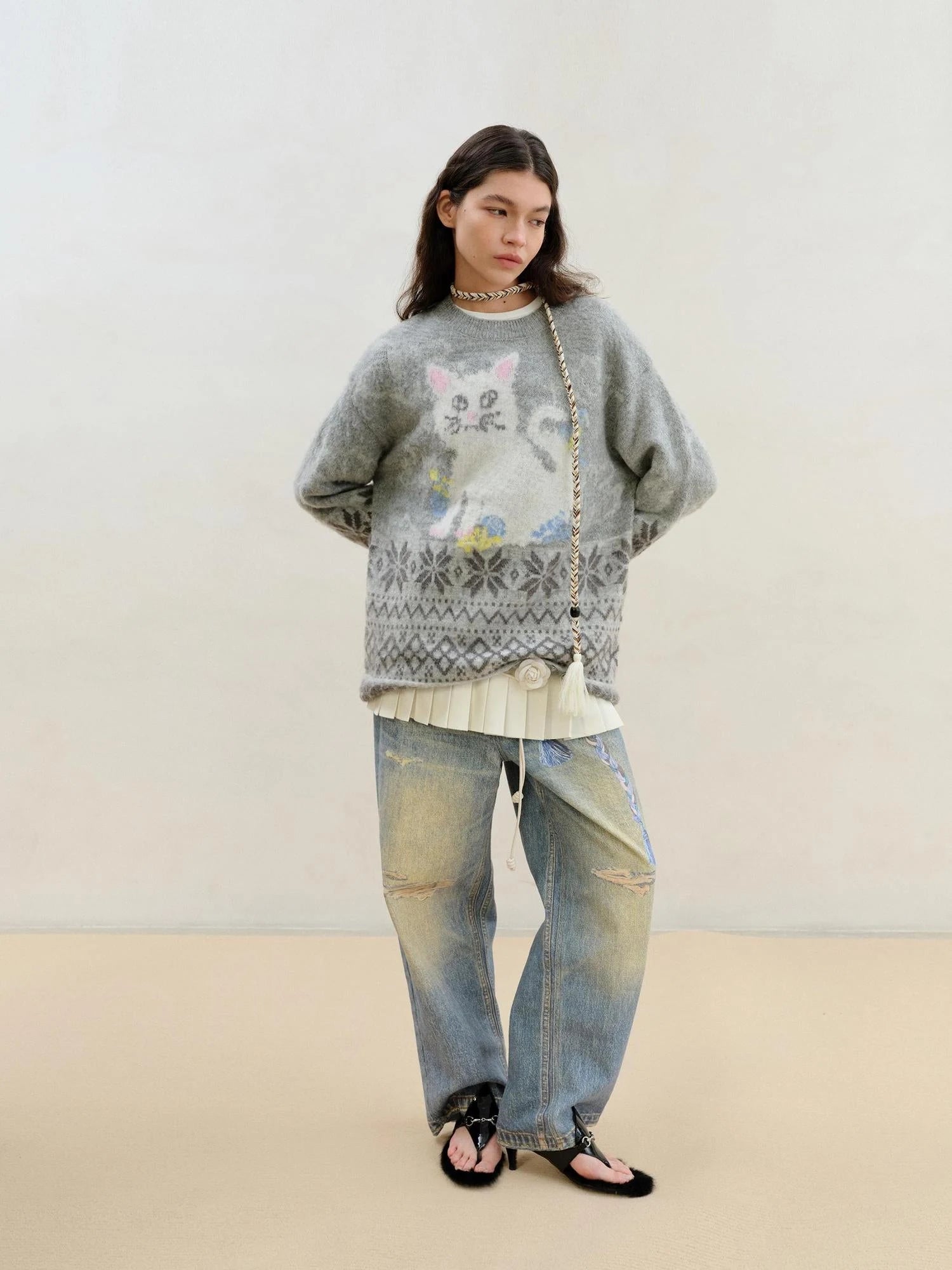 Fair Isle Cat Intarsia Mohair Wool Sweater