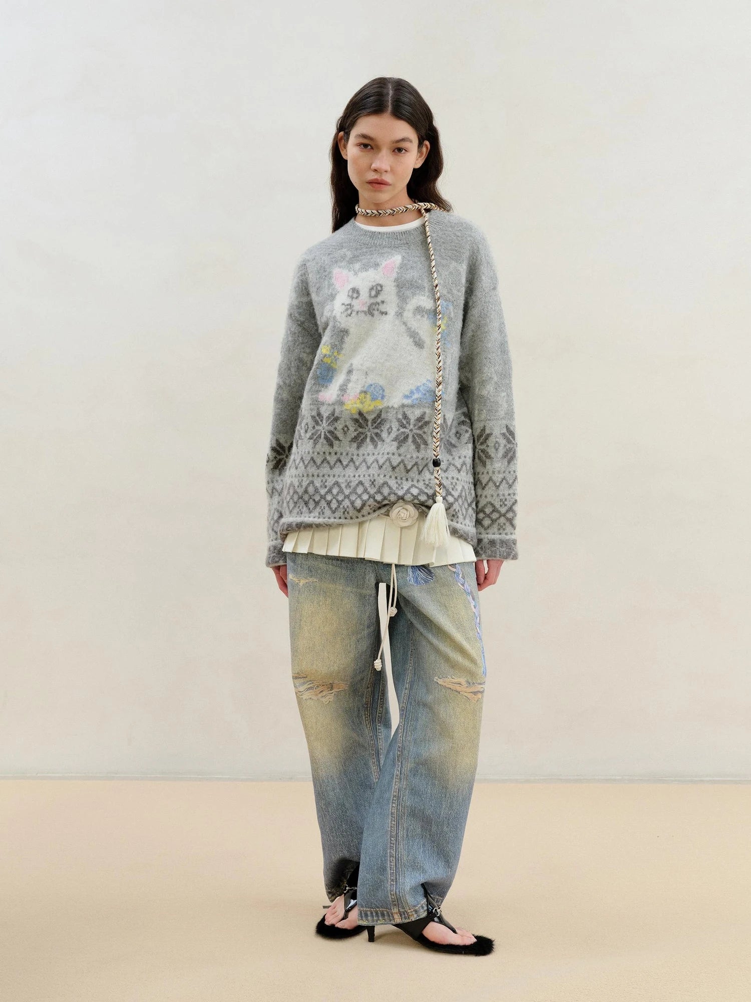 Fair Isle Cat Intarsia Mohair Wool Sweater