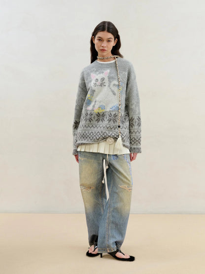 Fair Isle Cat Intarsia Mohair Wool Sweater