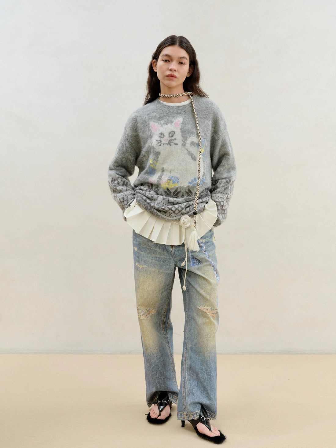 Fair Isle Cat Intarsia Mohair Wool Sweater