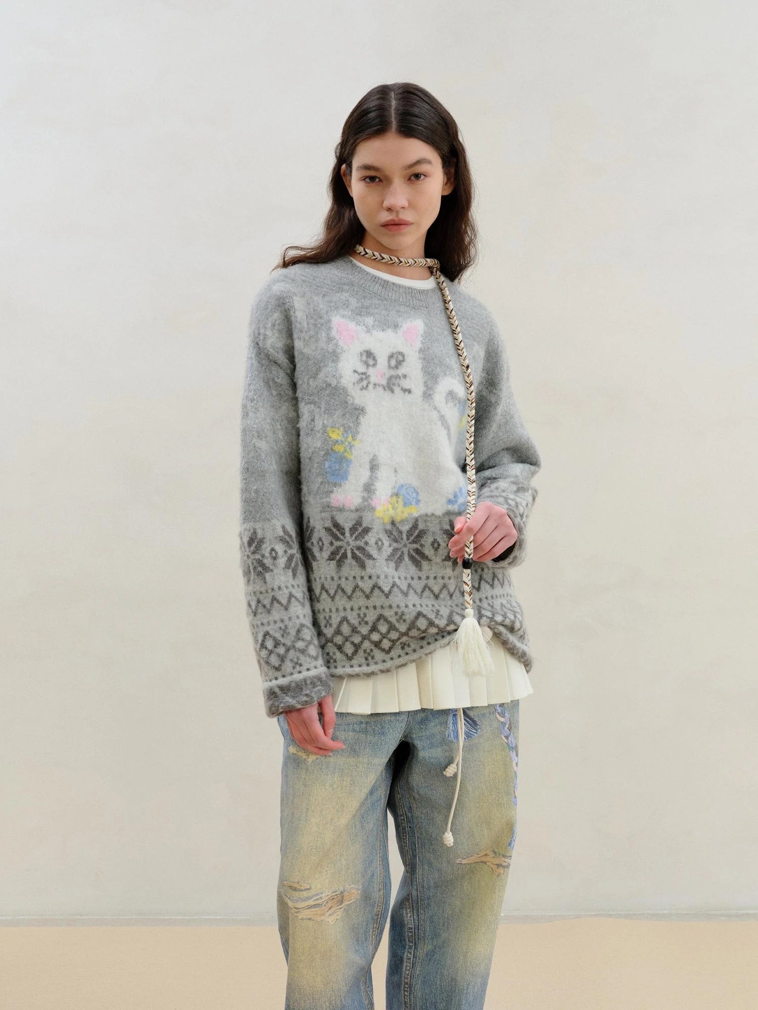 Fair Isle Cat Intarsia Mohair Wool Sweater