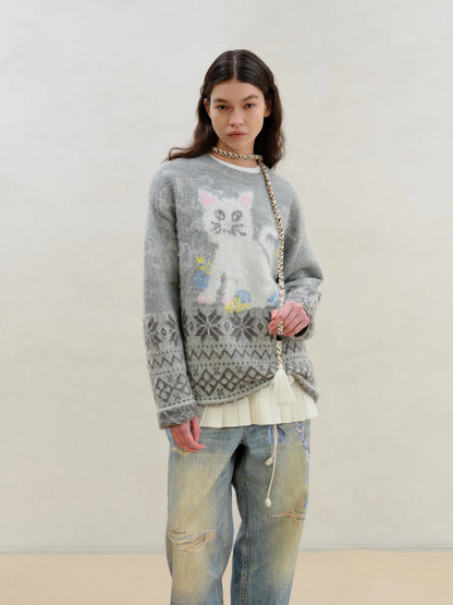 Fair Isle Cat Intarsia Mohair Wool Sweater