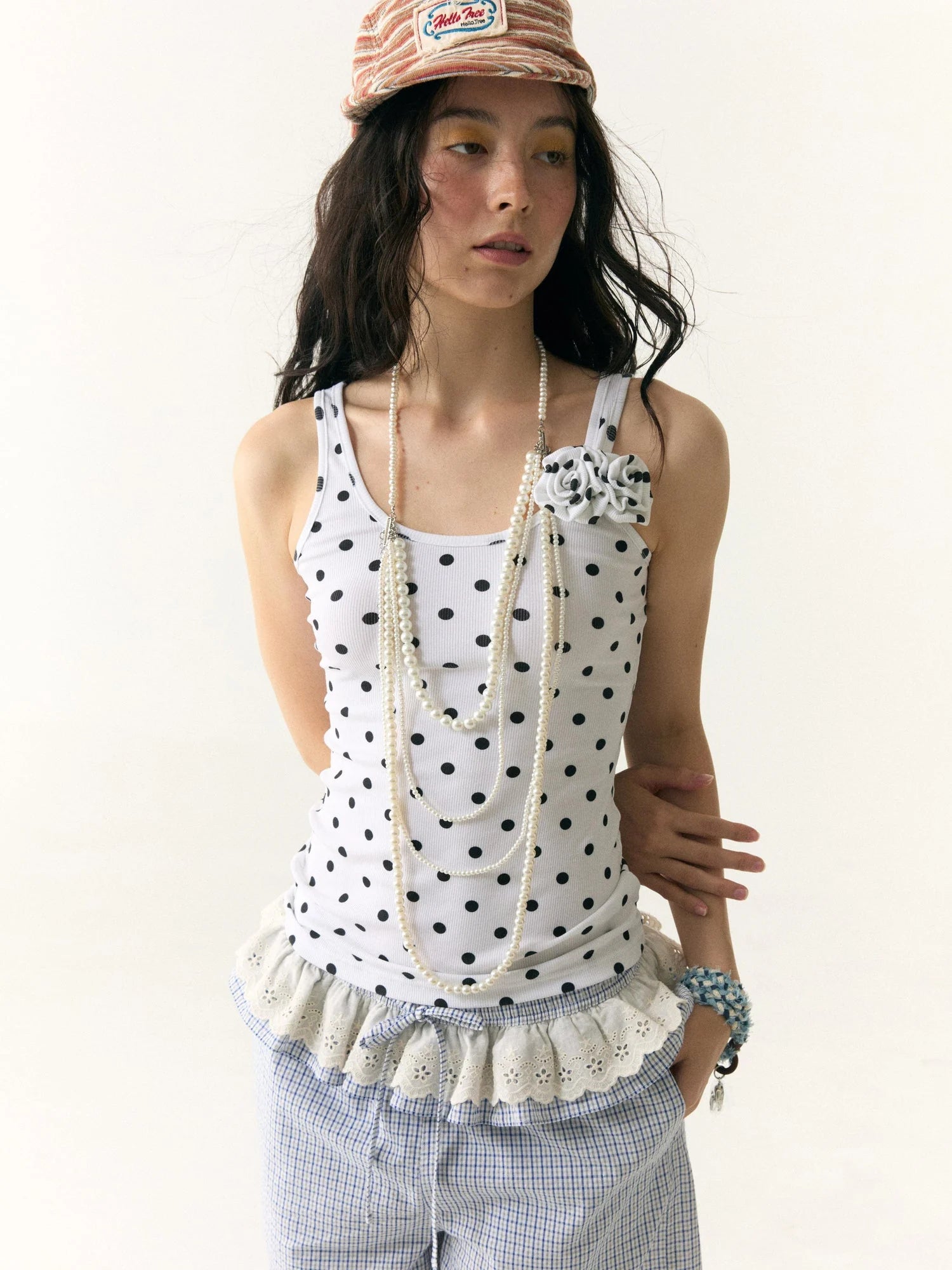 Floral Dot Textured Camisole V-neck T-shirt Long Sleeve