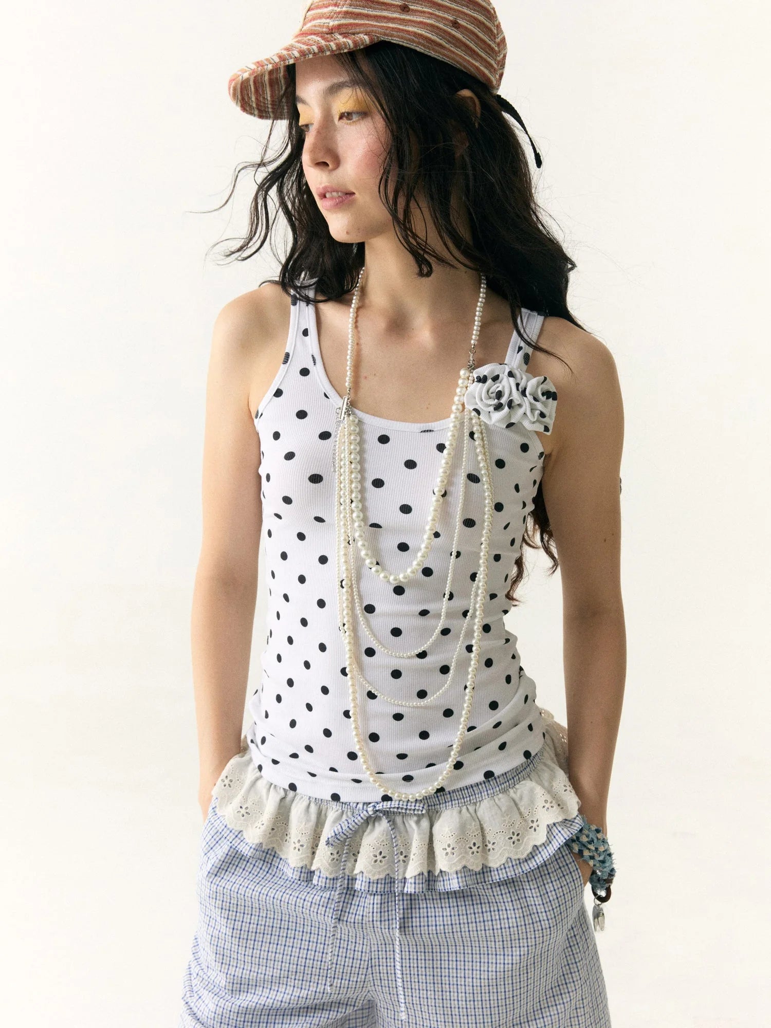 Floral Dot Textured Camisole V-neck T-shirt Long Sleeve