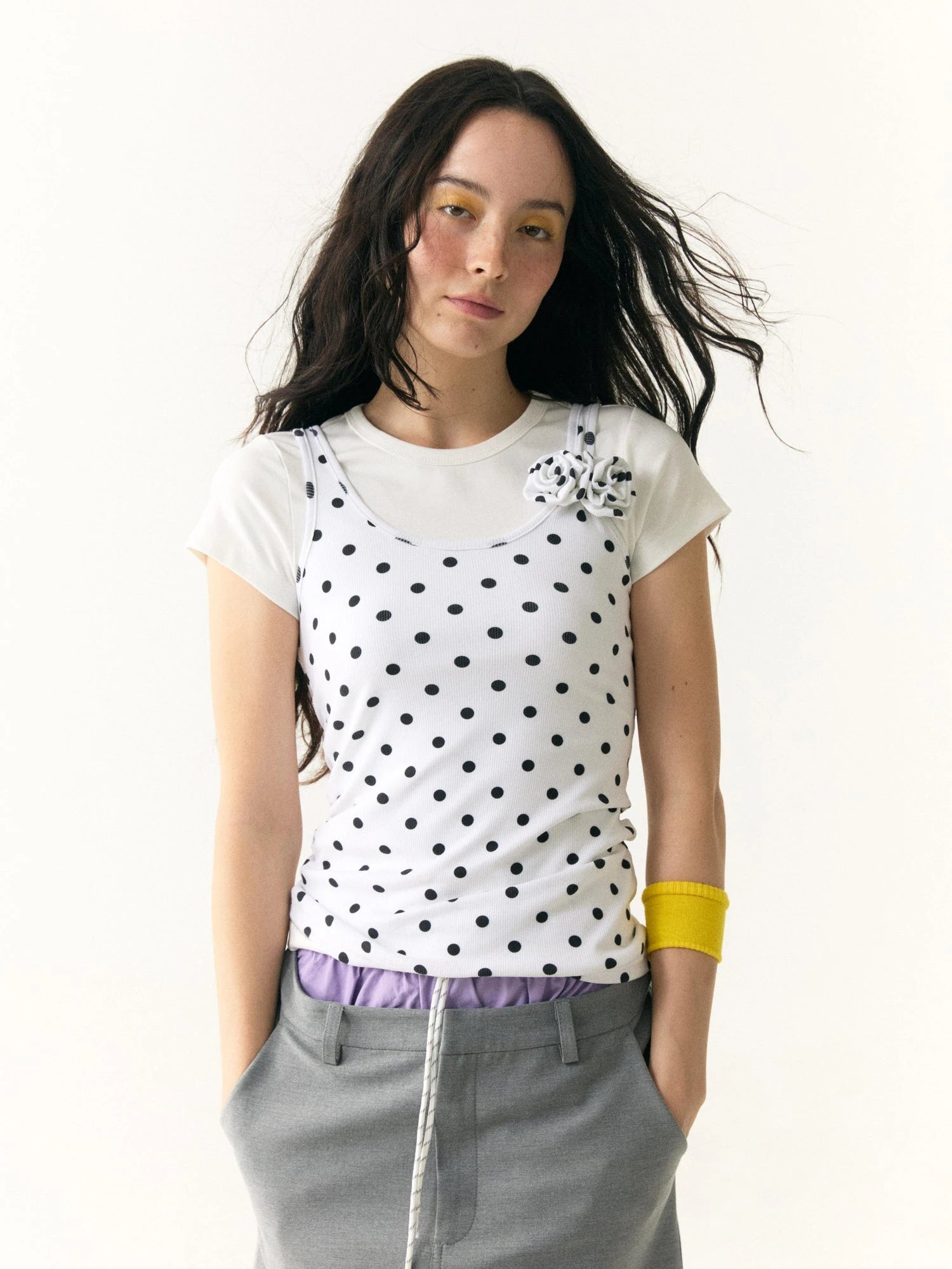 Floral Dot Textured Camisole V-neck T-shirt Long Sleeve