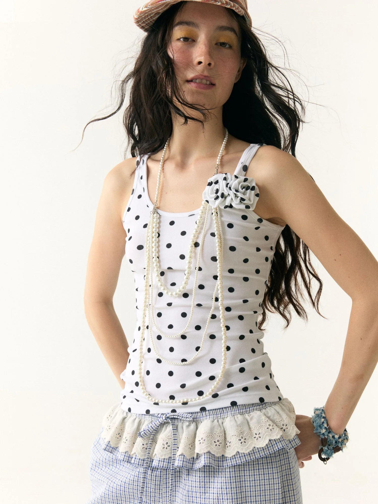 Floral Dot Textured Camisole V-neck T-shirt Long Sleeve