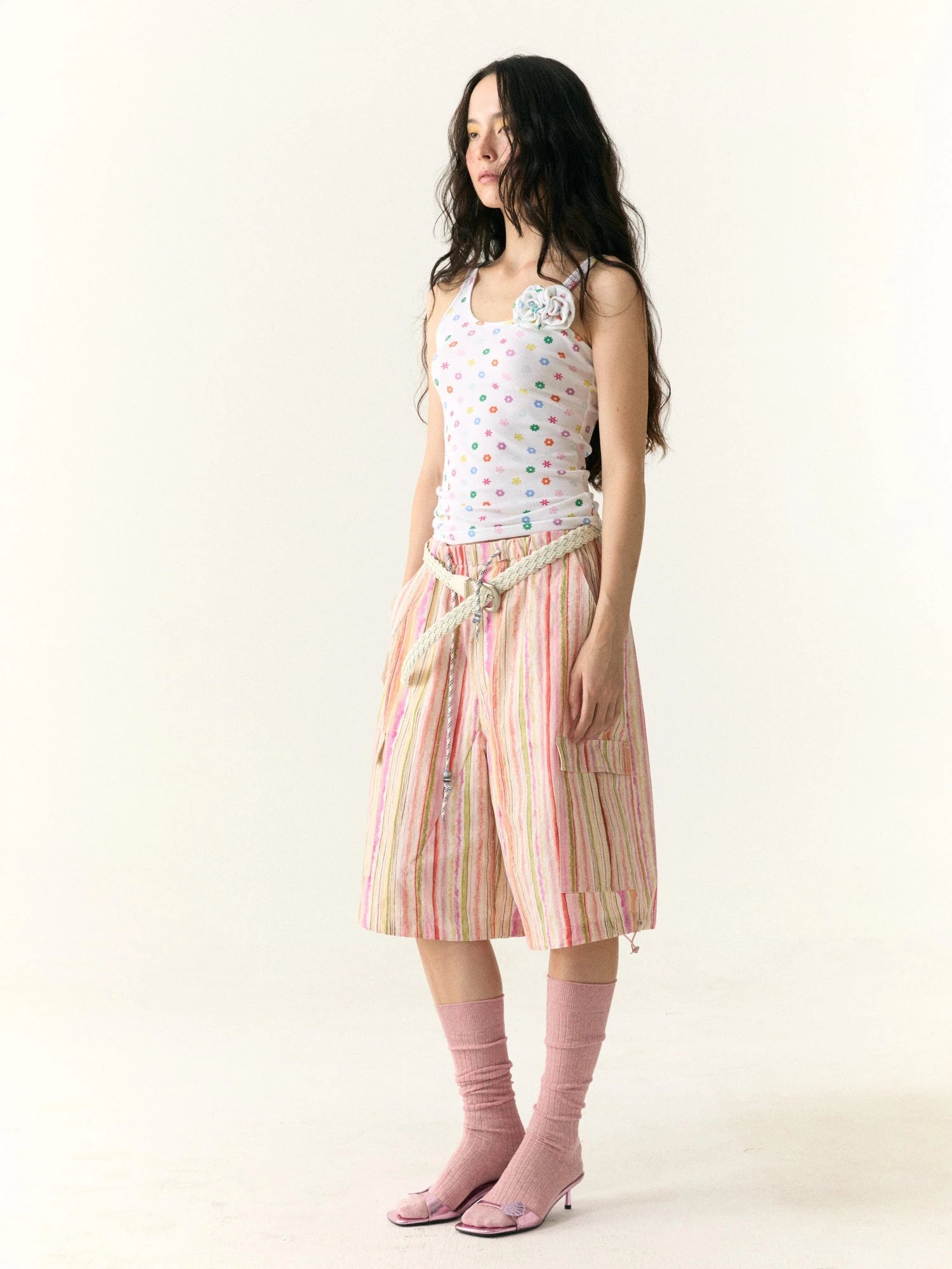 Floral Dot Textured Camisole V-neck T-shirt Long Sleeve