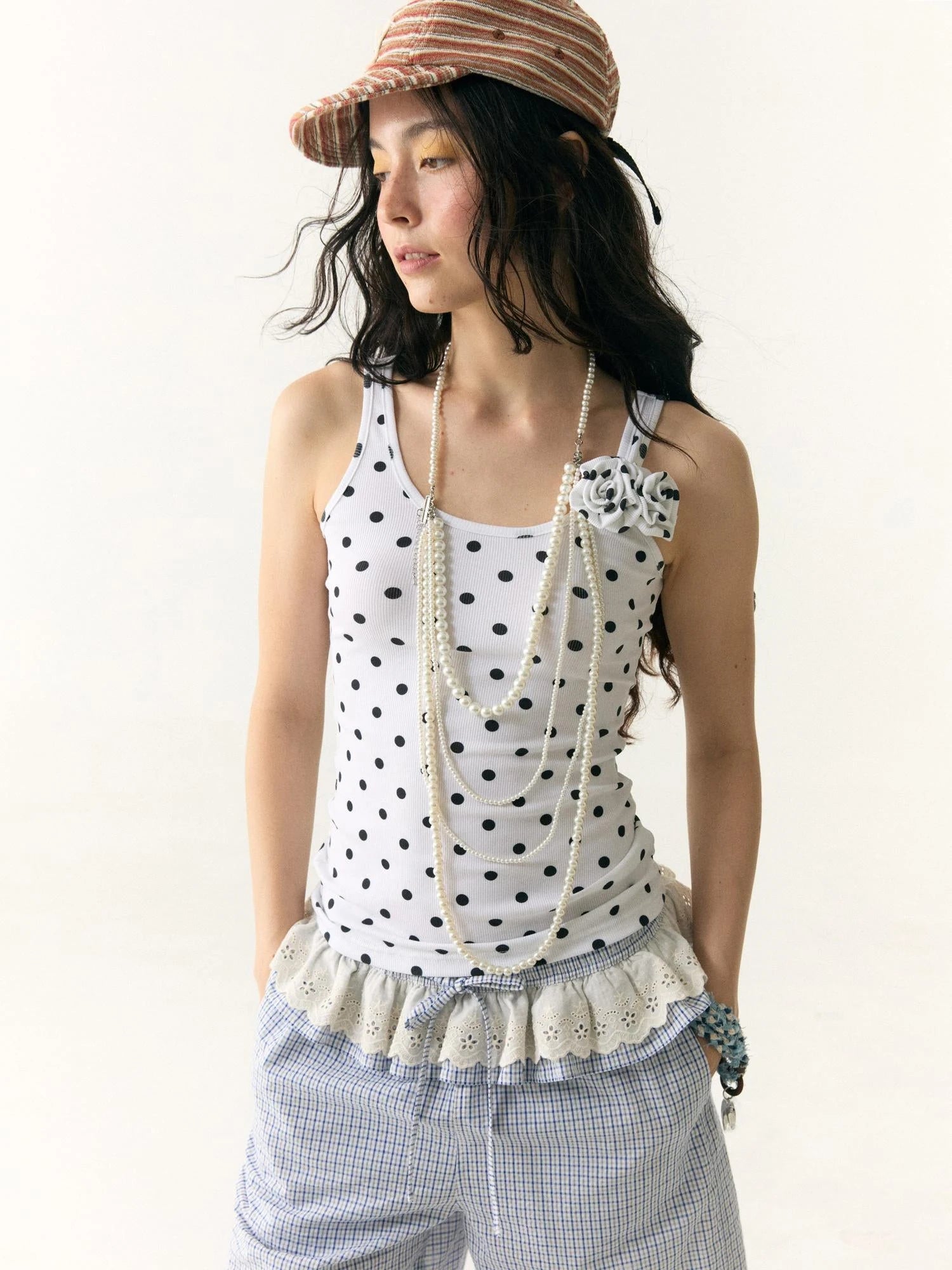 Floral Dot Textured Camisole V-neck T-shirt Long Sleeve