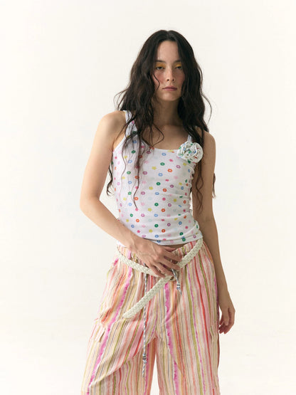 Floral Dot Textured Camisole V-neck T-shirt Long Sleeve