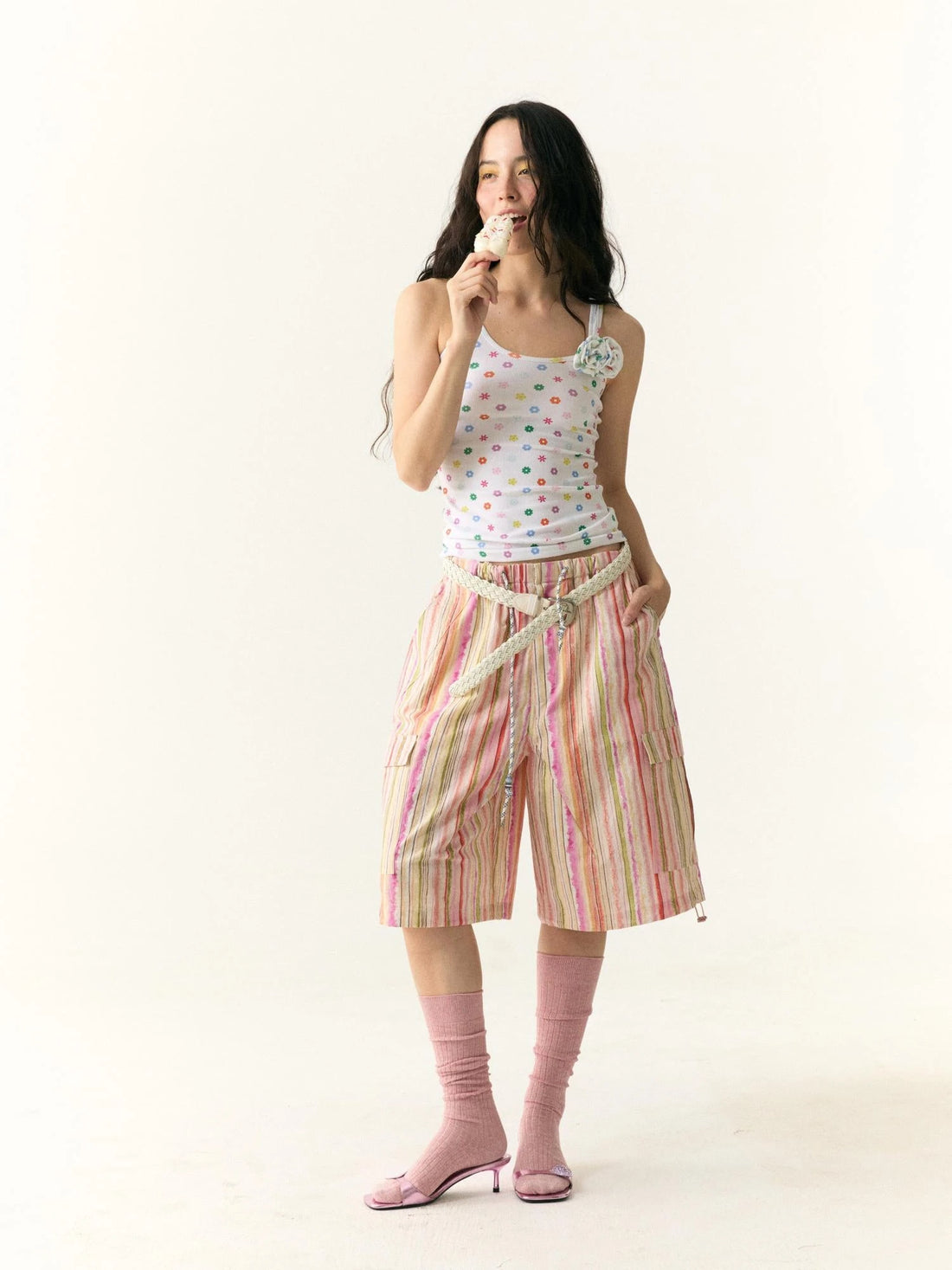 Floral Dot Textured Camisole V-neck T-shirt Long Sleeve