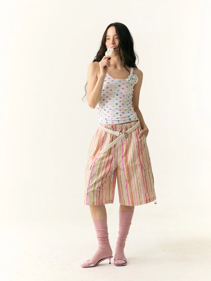 Floral Dot Textured Camisole V-neck T-shirt Long Sleeve