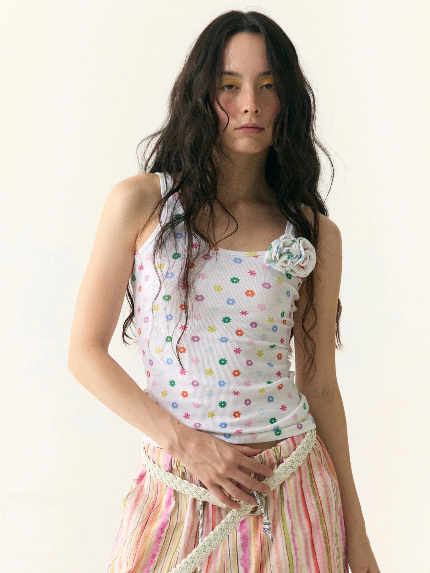 Floral Dot Textured Camisole V-neck T-shirt Long Sleeve