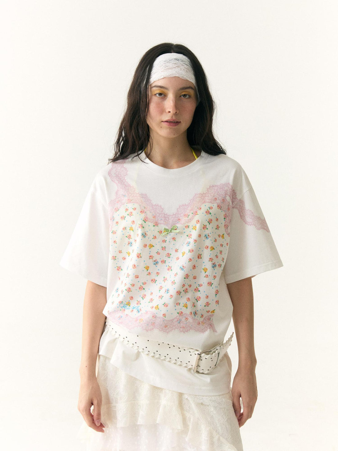 wii wil Floral Lace Strappy Print Oversized Cotton Tee