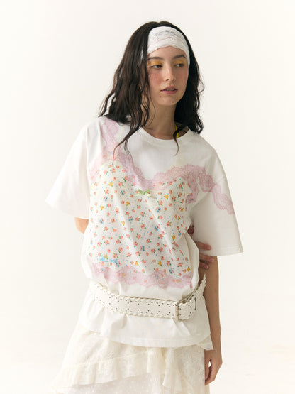 wii wil Floral Lace Strappy Print Oversized Cotton Tee