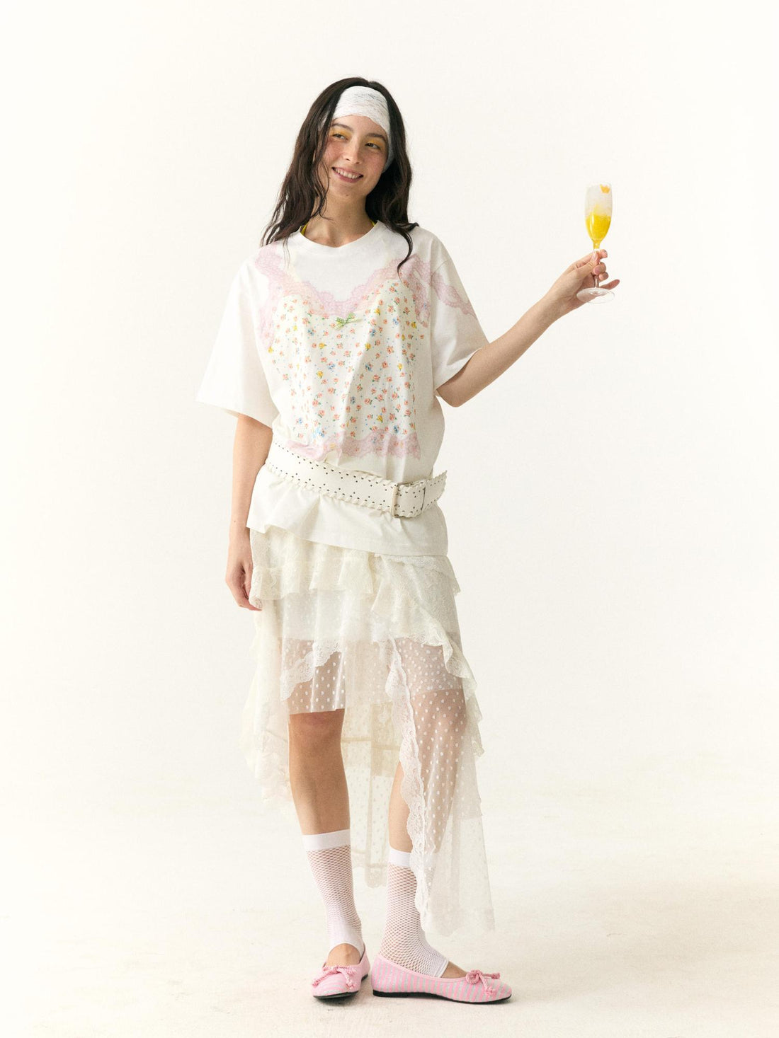 wii wil Floral Lace Strappy Print Oversized Cotton Tee