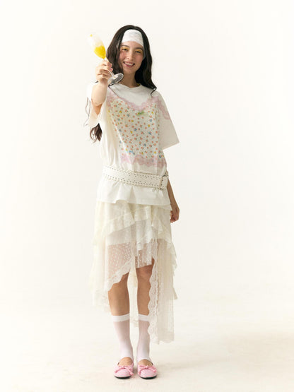 wii wil Floral Lace Strappy Print Oversized Cotton Tee