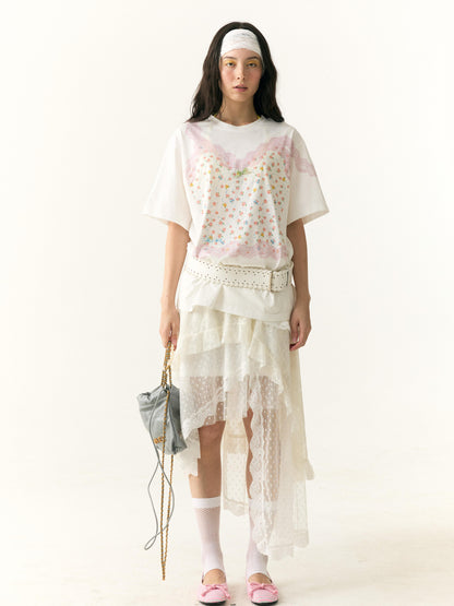 wii wil Floral Lace Strappy Print Oversized Cotton Tee