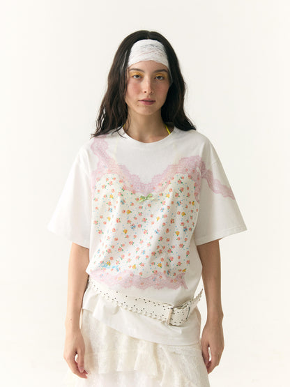 wii wil Floral Lace Strappy Print Oversized Cotton Tee