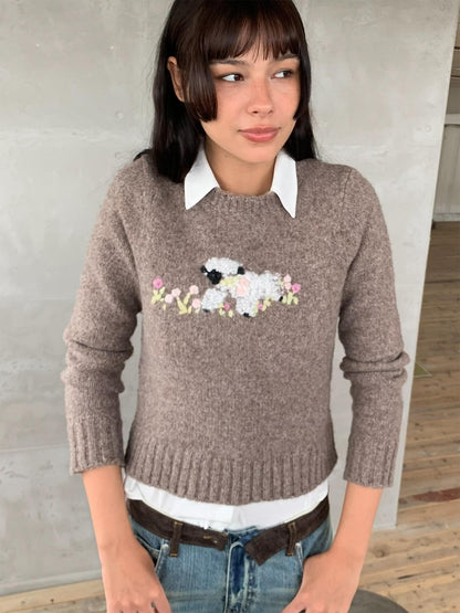 wii wil Floral Lamb Embroidered Jacquard Knit Women&