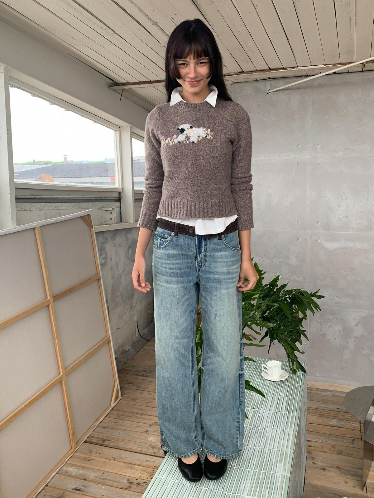 wii wil Floral Lamb Embroidered Jacquard Knit Women&