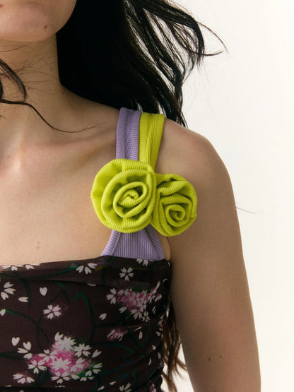 Floral Print Mesh Camisole with Color Block Straps V-neck