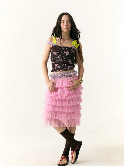 Floral Print Mesh Camisole with Color Block Straps V-neck