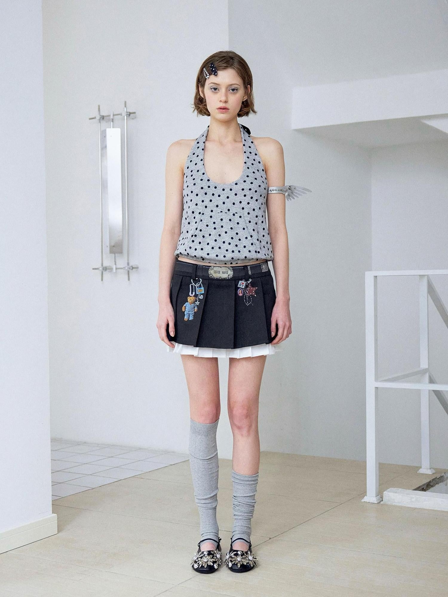 wii wil Gray Polka Dot Open Back Belted Loose U Neck Women&