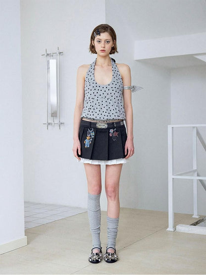 wii wil Gray Polka Dot Open Back Belted Loose U Neck Women&