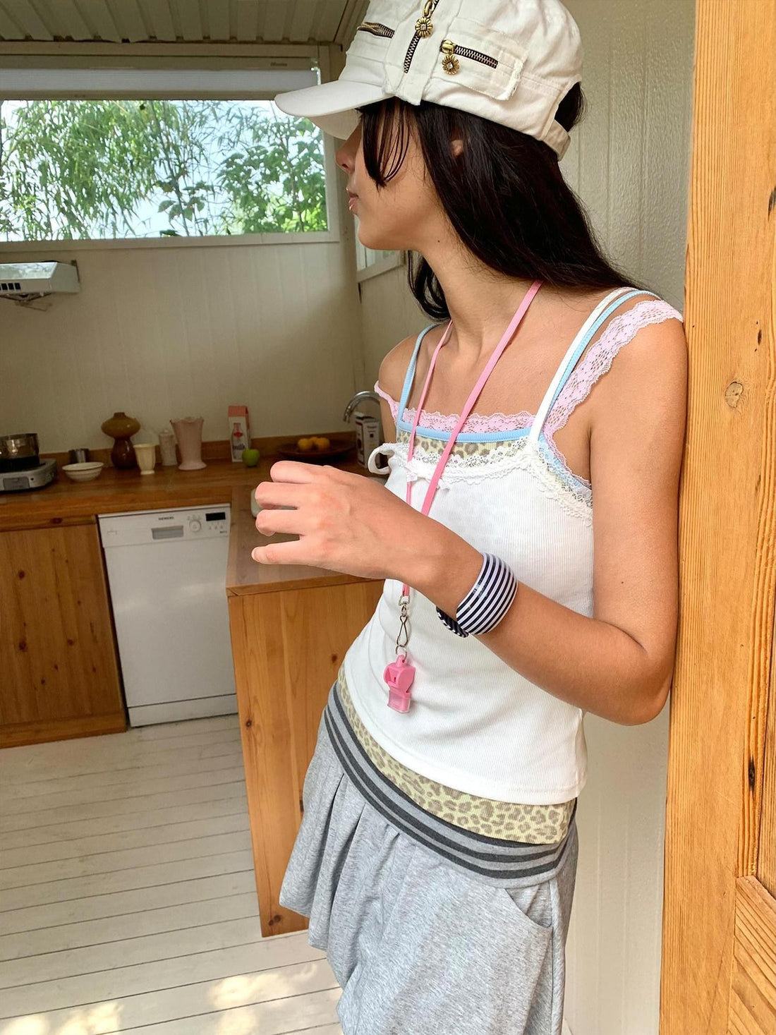 wii wil Gray Striped Waistband Ruched Bubble Hem Women&